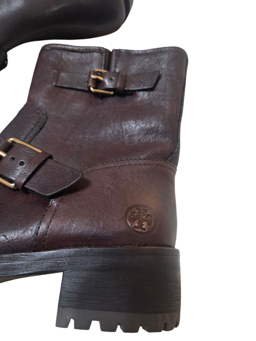 Tory Burch Chrystie Leather Moto Ankle Boots Brown 9.5 Lug Soles Side Zipper S9